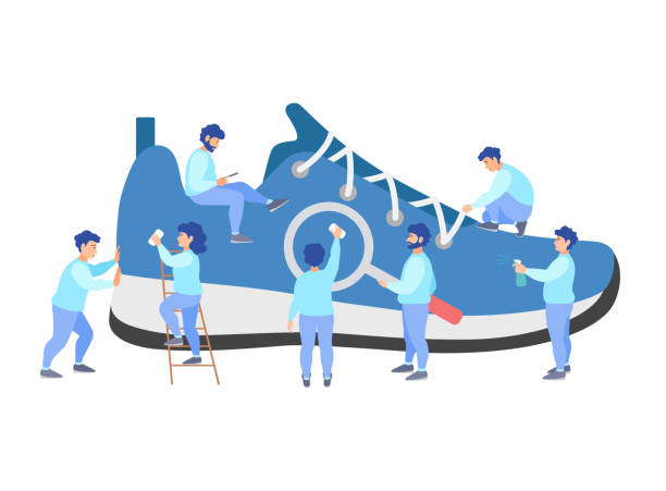 Dry cleaning shoes. A team of tiny people is cleaning a sneaker. Vector illustration in flat style. Banner for cleaning service.