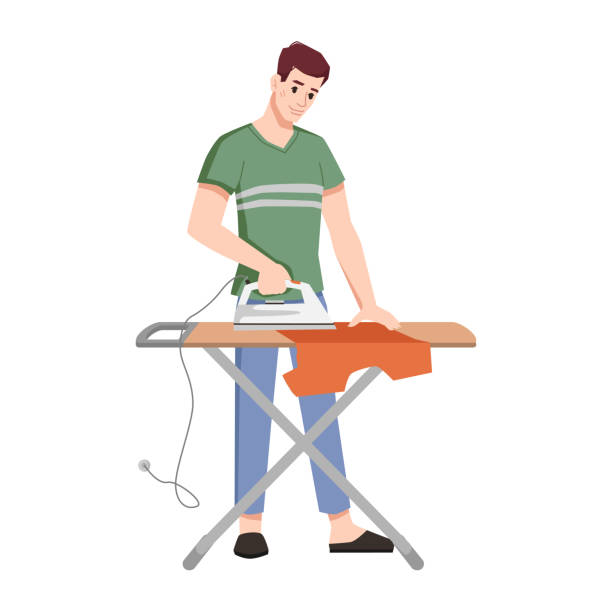 Man ironing t-shirt in board isolated flat cartoon character. Vector husband doing housework household chores, person with iron electric appliance standing in casual cloth. Routine home work, laundry