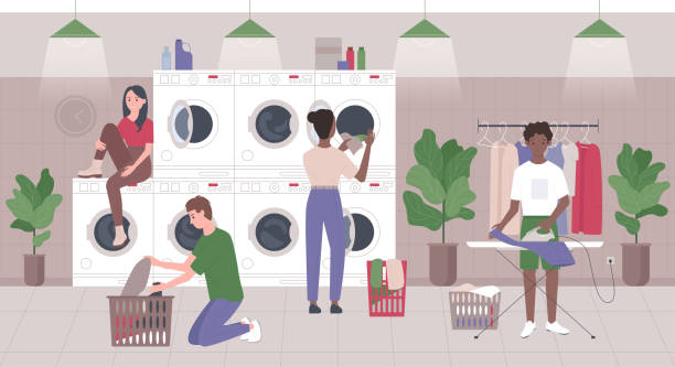 Public laundry vector illustration. Cartoon people using self service laundromat with automatic washing and drying machines, characters wash, iron clothes in modern industrial launderette interior